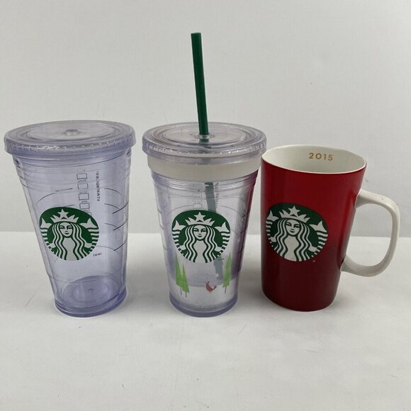 Starbucks 16oz (2) Cold Cup Tumbler (1) Ceramic Mug Holiday Lot Of 3 Logo - Picture 1 of 11